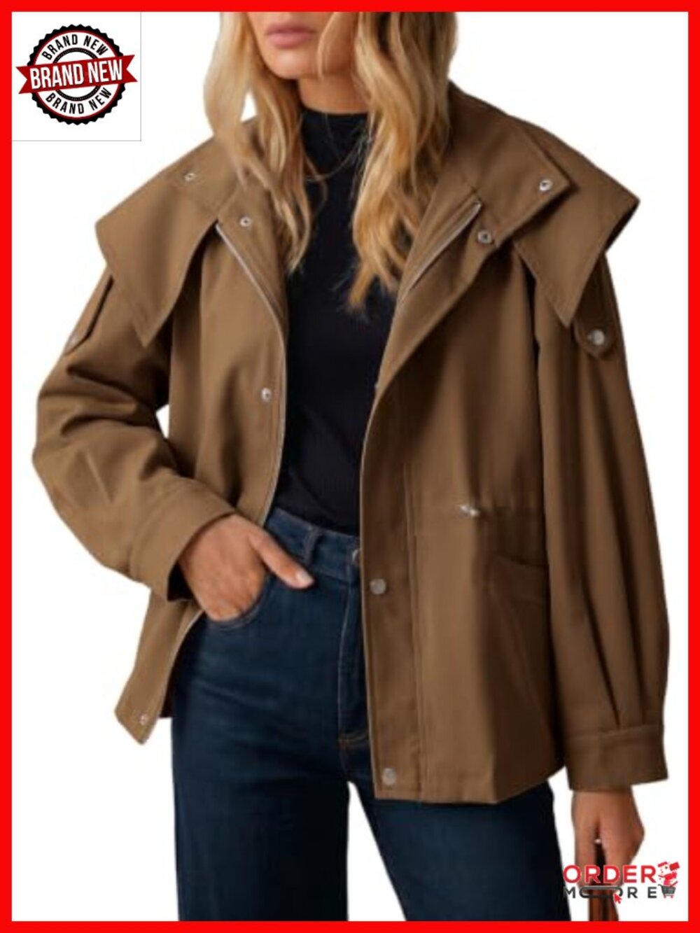 Dokotoo Women's Drawstring Zip Hooded Trench Coat Casual Relaxed Fit Outerwear
